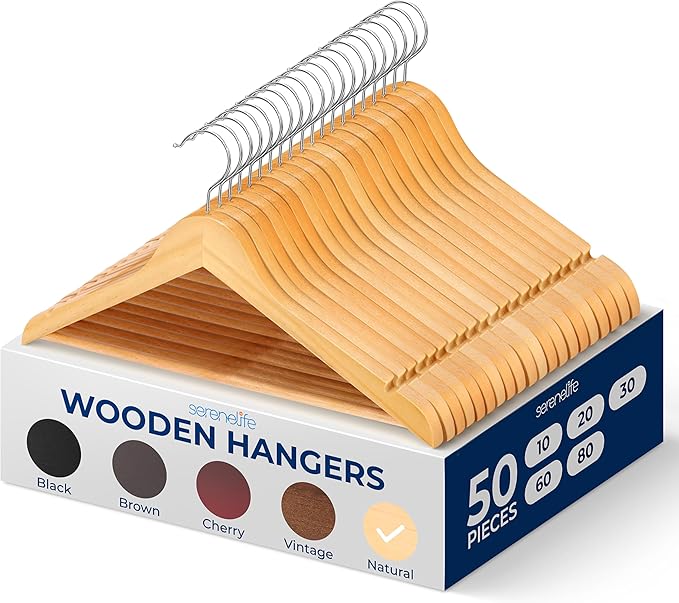 SereneLife Solid Wooden Hangers, Mega Pack, 50 Pieces Hangers by SereneLife