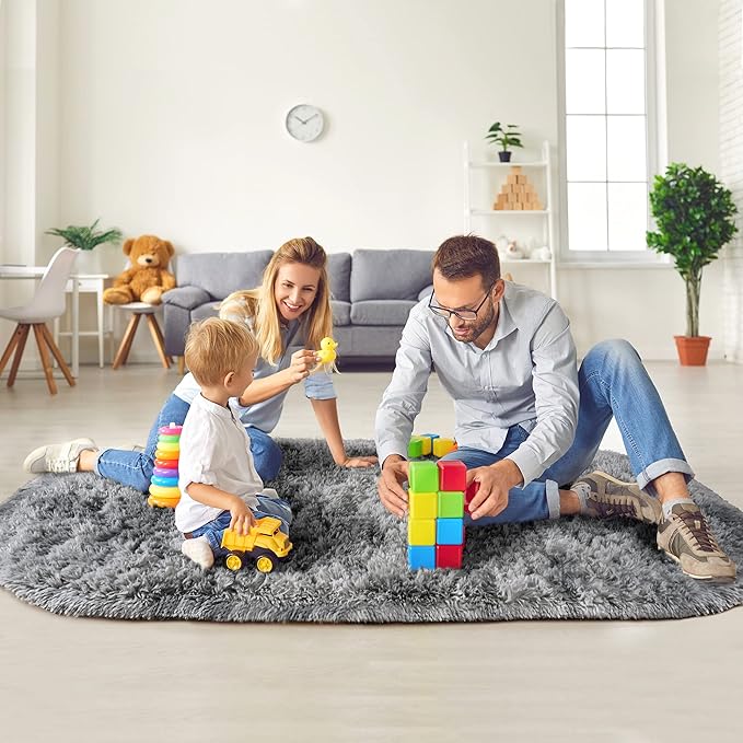 Noahas Oval Fluffy Grey Rainbow Rug 2.6X5.3 Small Kids Rugs - Image 3
