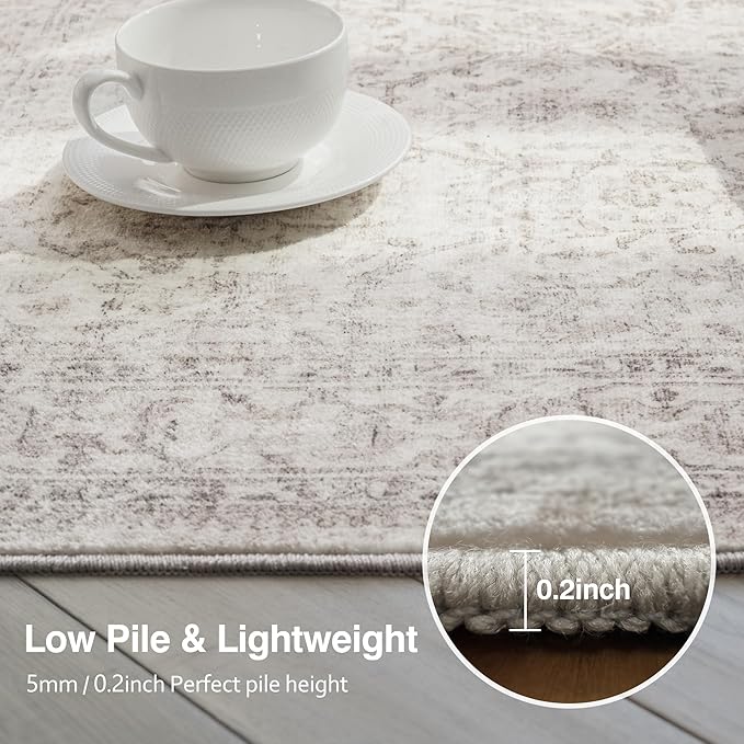 FMFUNCTEX 4ft Round Washable Area Rug Beige Vintage Neutral Distressed Small - Image 2