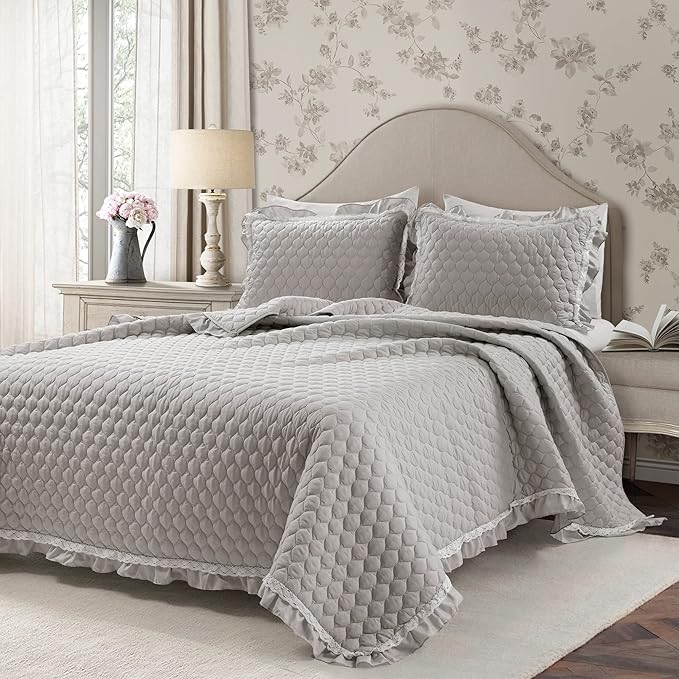 Lush Decor Ella Ruffle Lace Quilt, 3 Piece Set, Light Gray by LushDecor