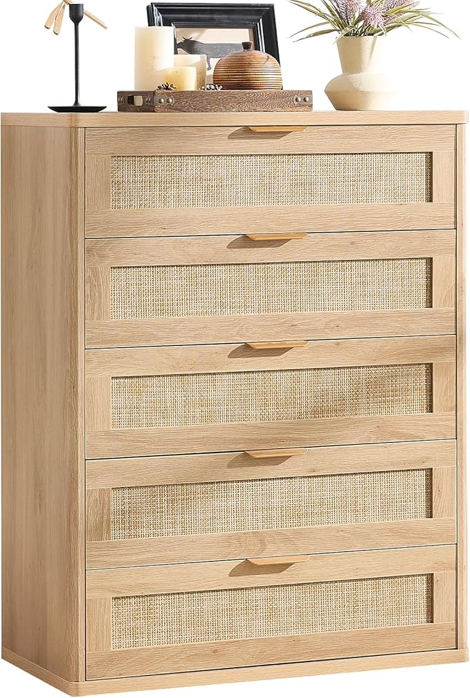 LEYAOYAO Rattan Dresser for Bedroom, Modern 5 Drawers Boho Dressers by LEYAOYAO-Findtheshiningpointofyourideallife%EF%BC%81