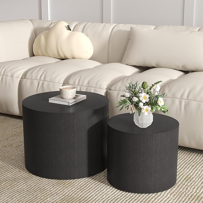 Nesting Coffee Table Set of 2, Round Wood Black Coffee Tables Modern Circle by Furnivado