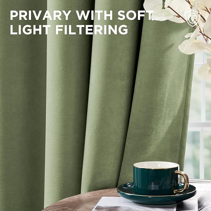 Joydeco Coconut Green Velvet Curtains 84 Inches 2 Panels, Luxury Thermal - Image 6
