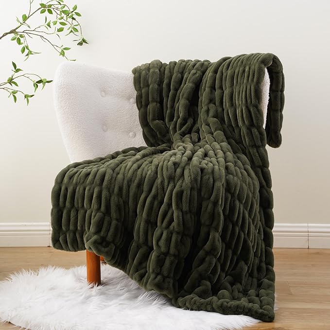BATTILO HOME Olive Green Faux Fur Throw Blanket - Image 2