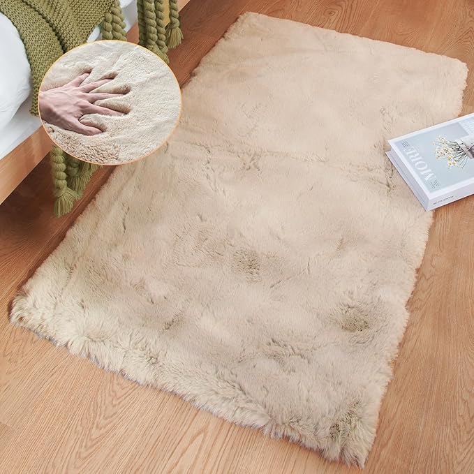Beige Plush Faux Rabbit Shaggy Fur Rugs by ORINOVA