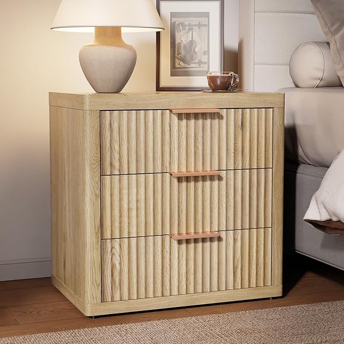 Night Stand with 3 Drawers, Fluted Bed Side Table with Metal Handle, End Table by LOOMORA