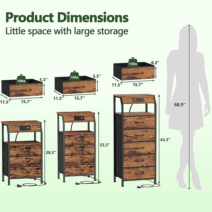 Furnulem Night Stand with Charging Station, Small Dresser with 4 Fabric Drawers - Image 9