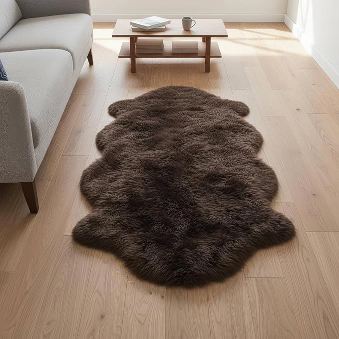 Natural & Genuine Dark Brown Sheepskin Rug, Real Fluffy Double Pelt 2x6 ft Fur - Image 2