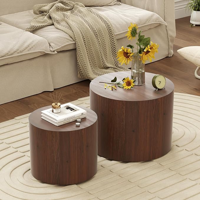 Nesting Coffee Table Set of 2, Round Walnut Wooden Coffee Tables Modern Circle - Image 7