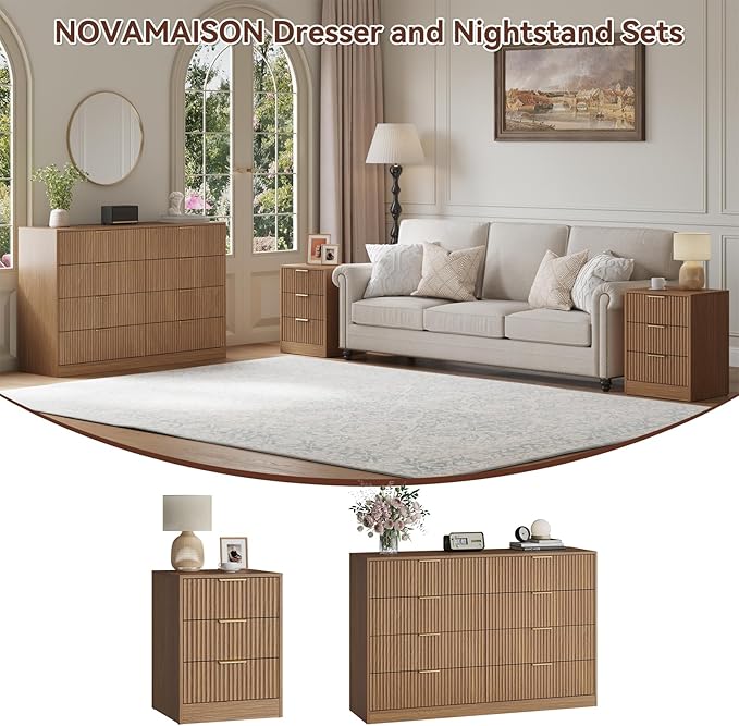 8 Drawer Dresser & 3 Drawer Nightstand Set 3-Piece, Tall Fluted Dresser and - Image 3