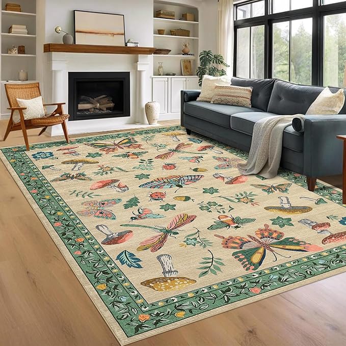 Mushroom Insect 8x10 Area Rugs, Washable Rugs by ROYHOME
