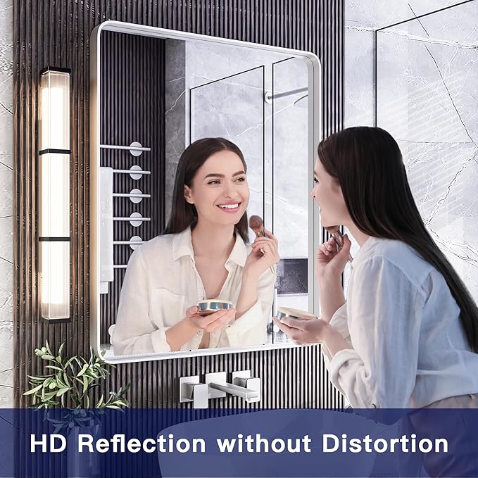 ISKM Silver Bathroom Mirror, 36 x 28 Inch Metal Rounded Rectangular Wall - Image 2