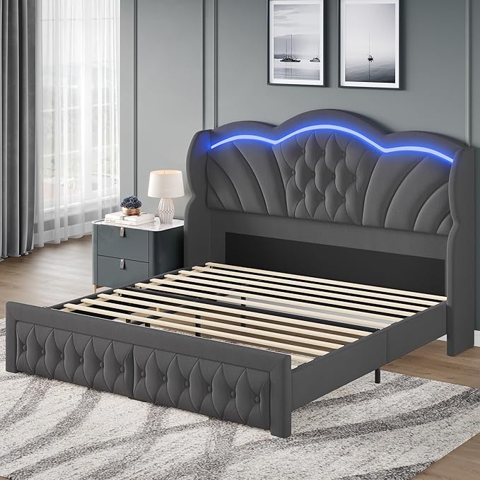 Keyluv King Bed Frame with LED Lights and 2 Storage Drawers, Velvet Upholstered - Image 9