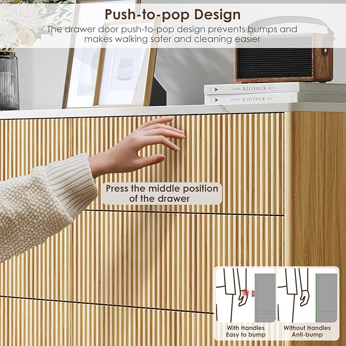 Fluted 6 Drawers Dresser for Bedroom, Wooden Dresser TV Stand, Wood Drawer - Image 4