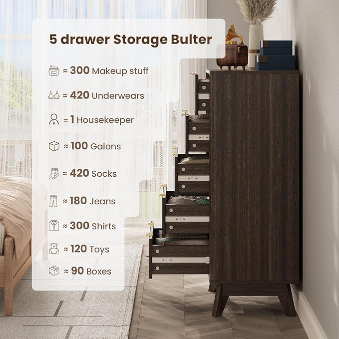 43'' Hight 5 Drawers Dresser for Bedroom, Modern Fluted Vertical Chest - Image 5