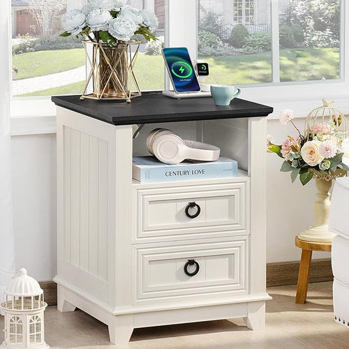 18" Farmhouse Night Stand with Charging Station, 2 Drawers End Table Dresser by Joaxswe