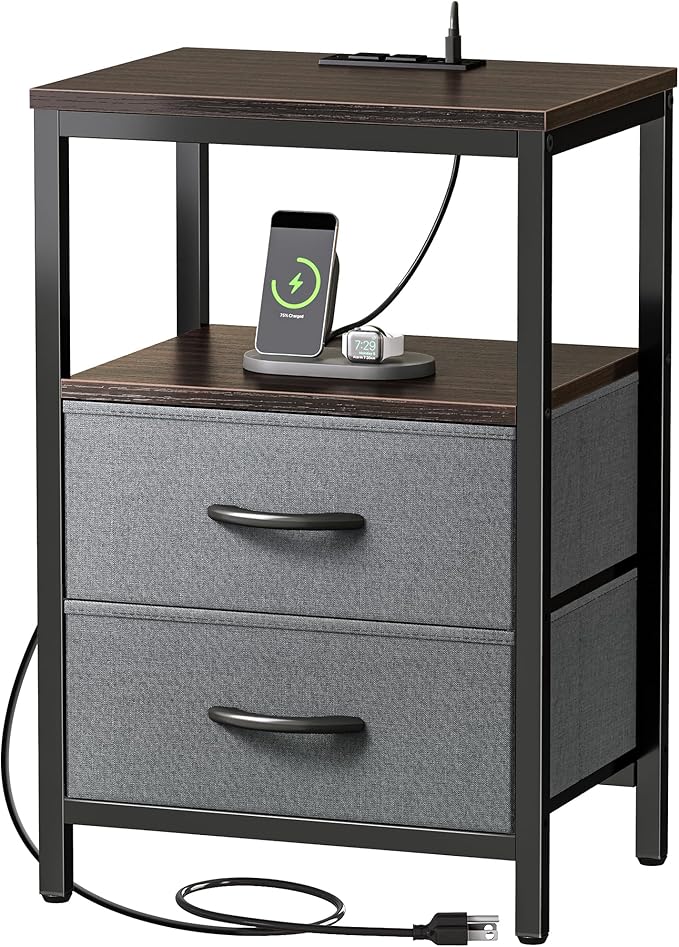 Huuger Nightstand with Charging Station, Fabric Drawers, End Table with Open - Image 10