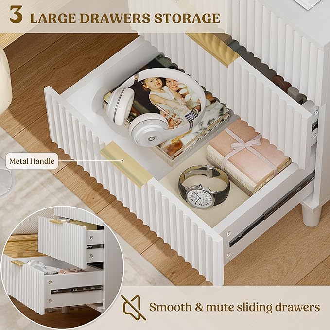 Lulive Wood 3 Drawers Dresser Fluted Night Stand - Image 5