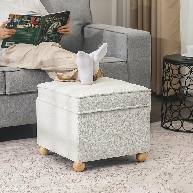 Adeco 17 Inch High Faux Fur White Cube Ottoman Storage, 3D Embossed Velvet - Image 4