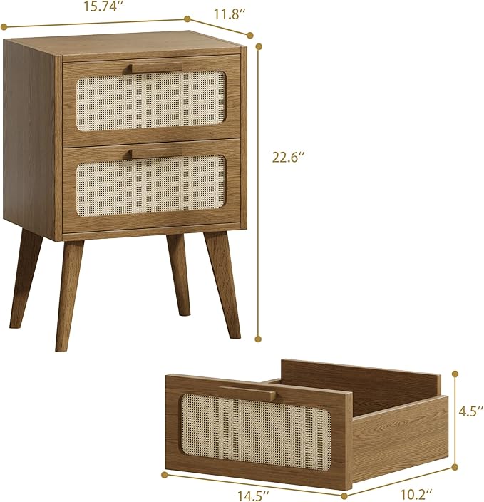 YAUKOMEL Rattan Nightstand Set of 2, Mid Century Modern Bedside - Image 3