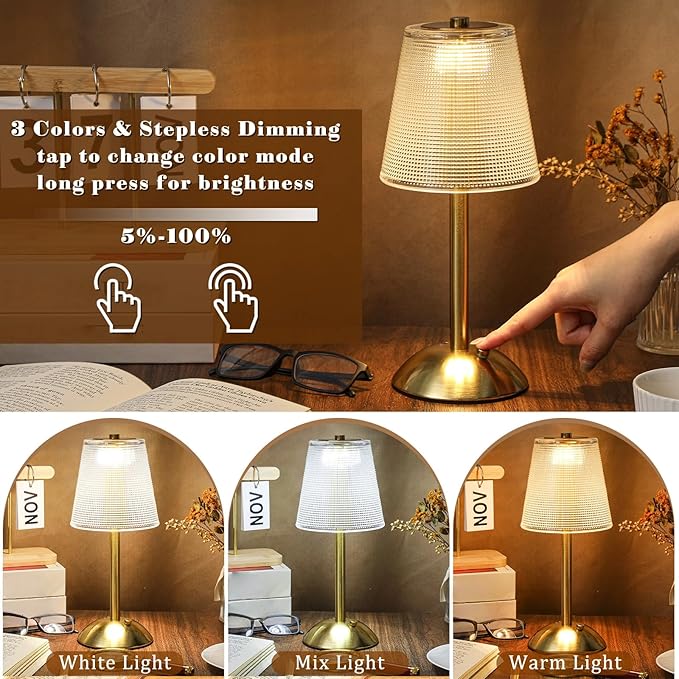 Liliful 2 Pcs Cordless Table Lamp Rechargeable Touch LED Small Gold Portable - Image 4