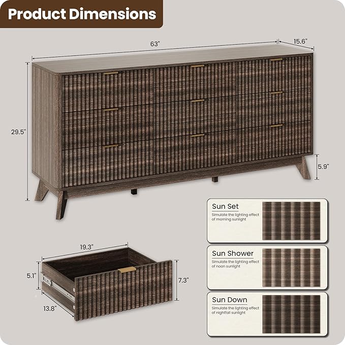 63'' Wide 9 Drawers Dresser for Bedroom, Modern Fluted Vertical Chest - Image 2