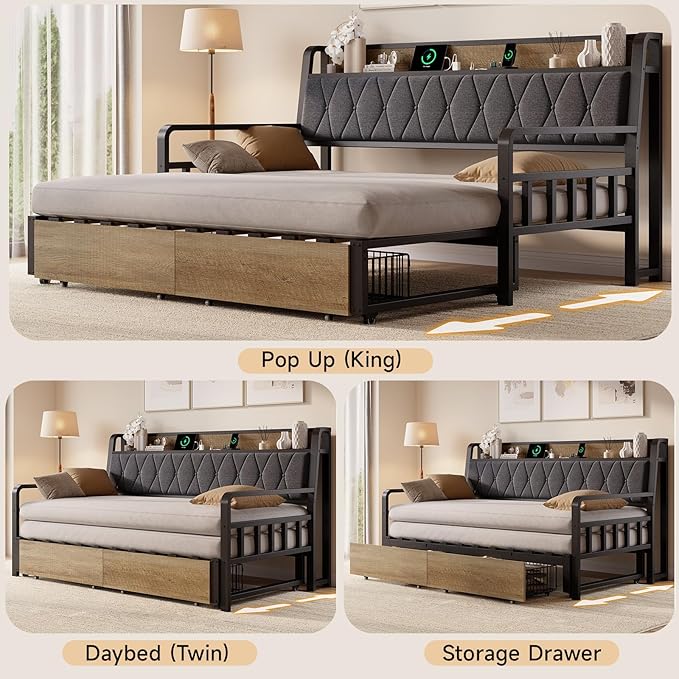 ONBRILL Twin Daybed with Trundle, Twin to King Daybed with Pop up Trundle - Image 4