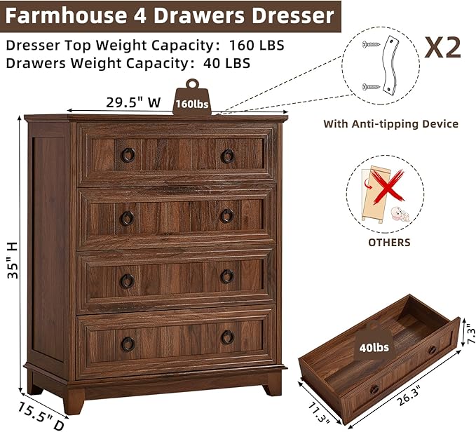Farmhouse 4 Drawer Dresser for Bedroom, Rustic Wood Dresser - Image 2