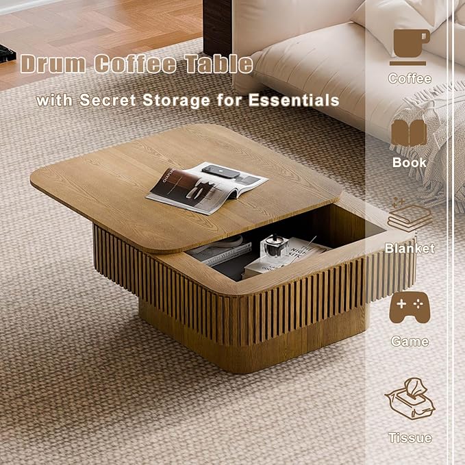 Square Small Coffee Table with Storage, Modern Wooden Coffee Table with Solid - Image 5