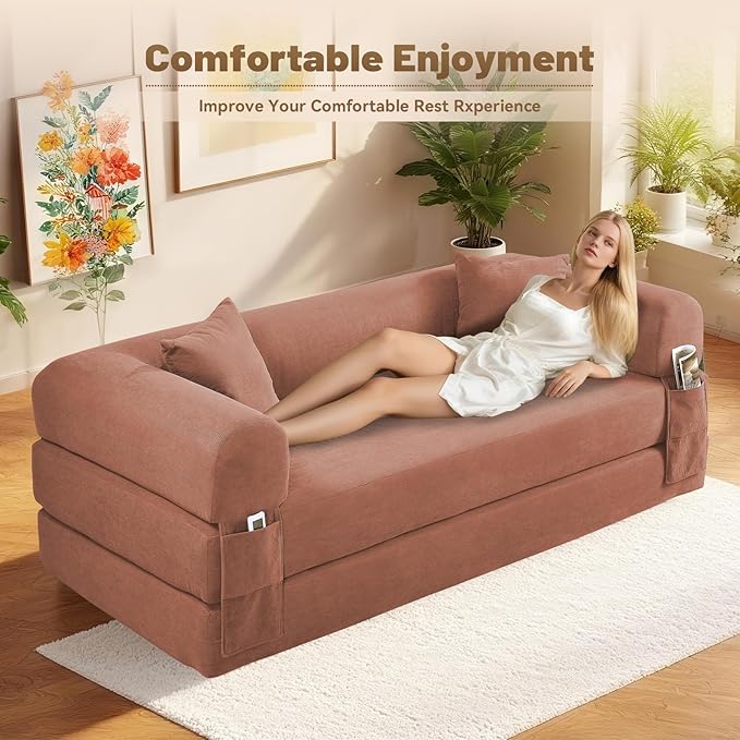 80" Convertible Sofa Bed, Corduroy Folding Sleeper Sofa Bed Queen - Image 5
