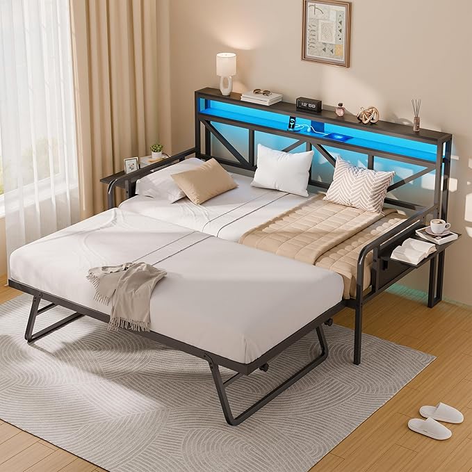 Daybed with Trundle, Heavy Duty Metal Twin Bed Frame with LED Lights & 2-Tier - Image 3
