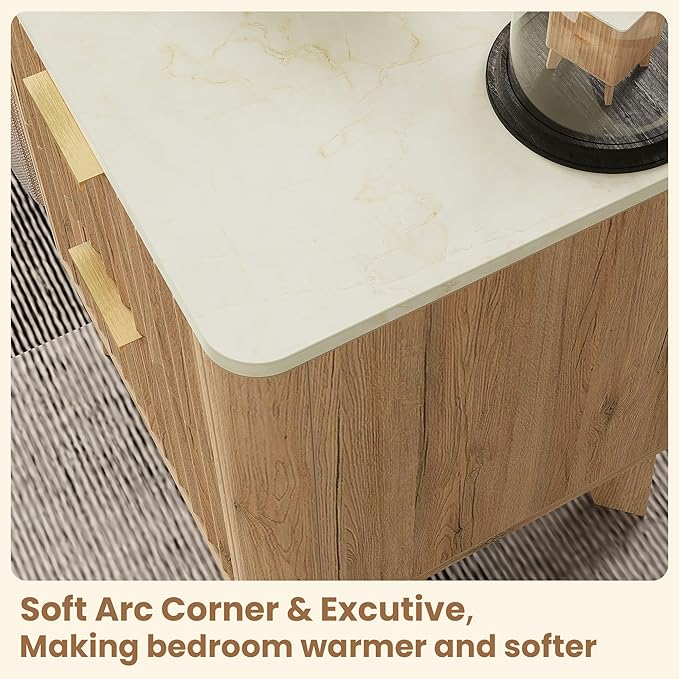 Fluted Nightstand with Faux Marble Top, Modern End Table with Metal Handles - Image 4