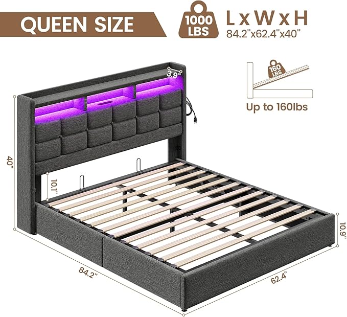 Lift Up Queen Bed Frame with Storage, Upholstered Bed Frame Queen Size with LED - Image 2