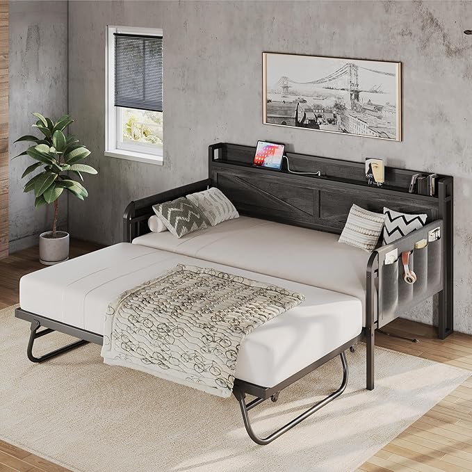 LIKIMIO Twin Daybed with Trundle Bed, Storage Headboard with Charging Station - Image 2