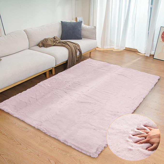 Pink Fuzzy Faux Rabbit Washable Fur Rug by ORINOVA