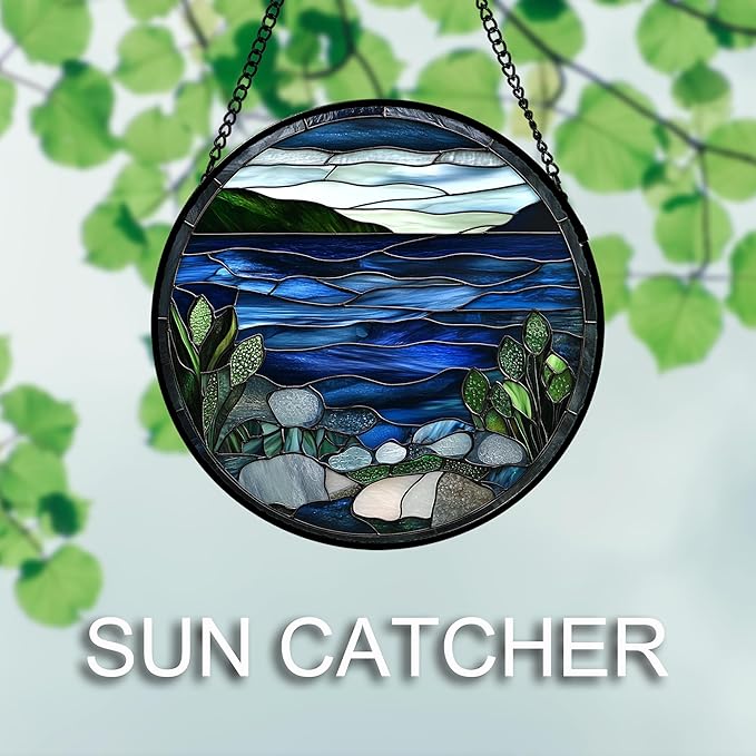 AMDERVEN Stained Glass Window Hanging 4 Pcs Set Navy Blue Ocean Landscape 6.3" - Image 3