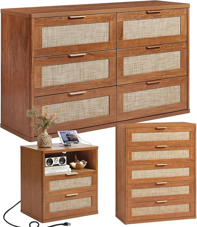 LEYAOYAO Rattan Dresser and Nightstand Set of 3, Boho Wood Dresser by LEYAOYAO-Findtheshiningpointofyourideallife%EF%BC%81