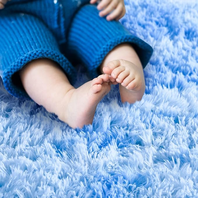 Noahas Oval Fluffy Blue Rainbow Rug 2.6X5.3 Small Kids Rugs - Image 4