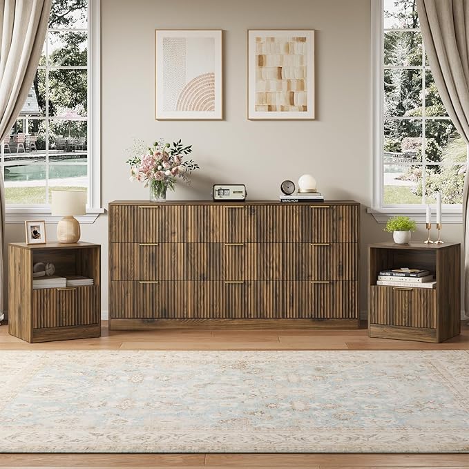 9 Drawer Dresser & Nightstand Set 3-Piece, 63” Wide Bedroom Dresser Set Night by NOVAMAISON