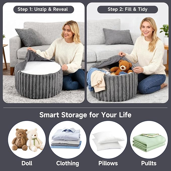 Tiita Round Stuffed Pouf Ottoman, Stripe Faux Fur Poufs - Image 7
