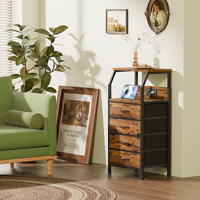 Furnulem Night Stand with Charging Station, Small Dresser with 4 Fabric Drawers - Image 2