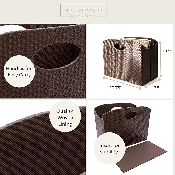 BLU MONACO | Brown Woven Leather Magazine Holder | Storage Basket - Image 5