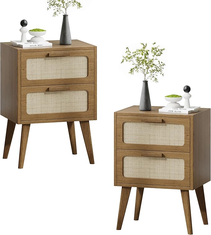 YAUKOMEL Rattan Nightstand Set of 2, Mid Century Modern Bedside by YAUKOMEL