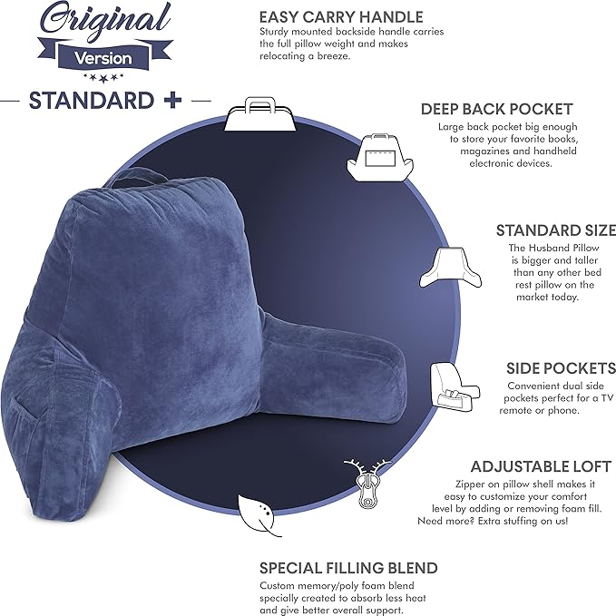 Husband Pillow Dark Blue, Original Reading Pillow in Bed Rest Chair, Shredded - Image 5