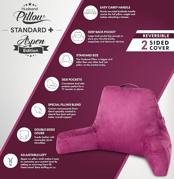 Husband Pillow Aspen Sliding Raspberry, Reading Pillow Bed Rest Chair, - Image 4