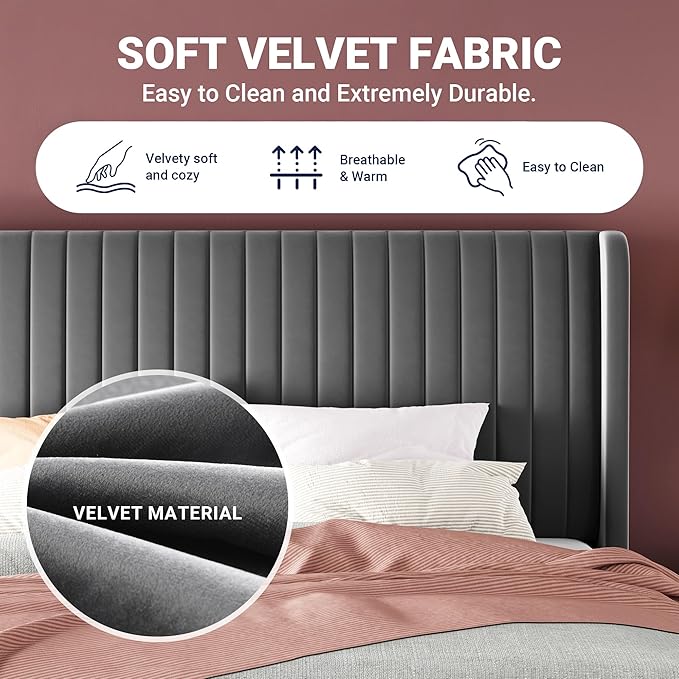 Allewie King Size Velvet Bed Frame/Vertical Channel Tufted Wingback - Image 6