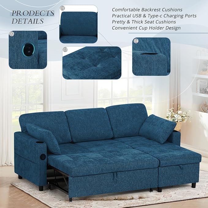 84" Chenille Pull Out Sofa Bed w/Adjustable Backrest, L-Shape Modern Sleeper - Image 4