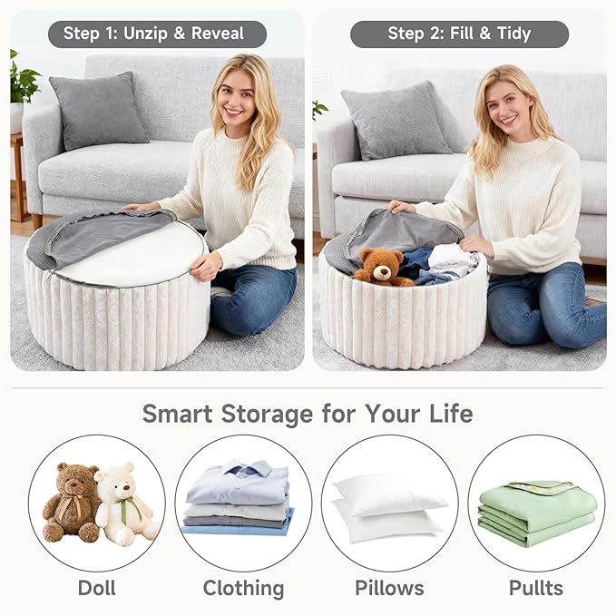 Tiita Round Stuffed Pouf Ottoman, Stripe Faux Fur Poufs - Image 7