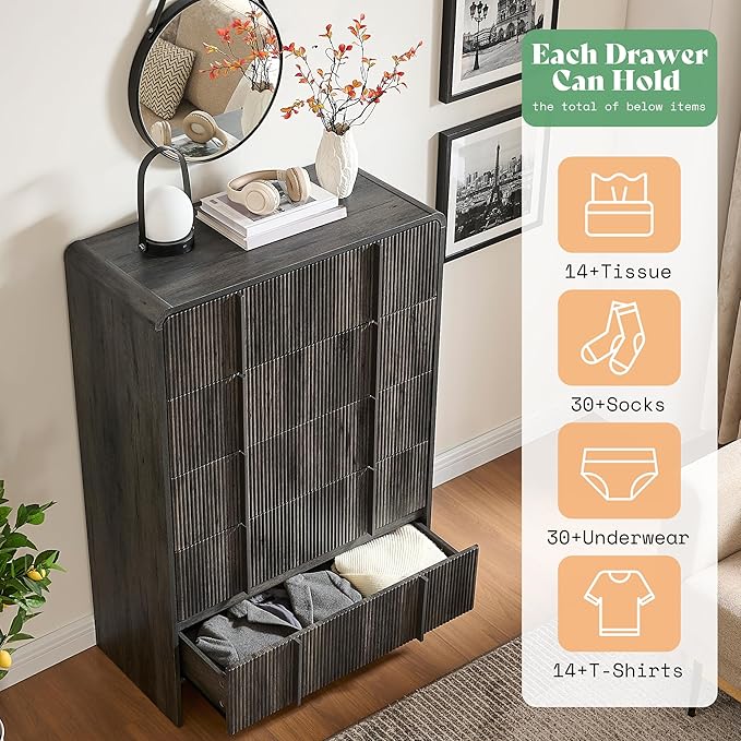 AMERLIFE Fluted 5 Drawer Dresser, Rounded Corners & Anti-Tip Design, Wood - Image 3
