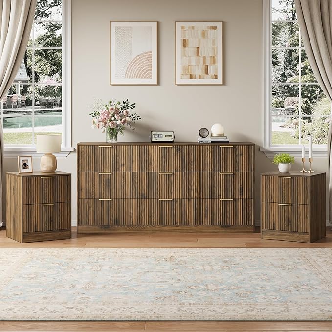9 Drawer Dresser & Nightstand Set 3-Piece, 63” Wide Walnut Bedroom Dresser and by NOVAMAISON